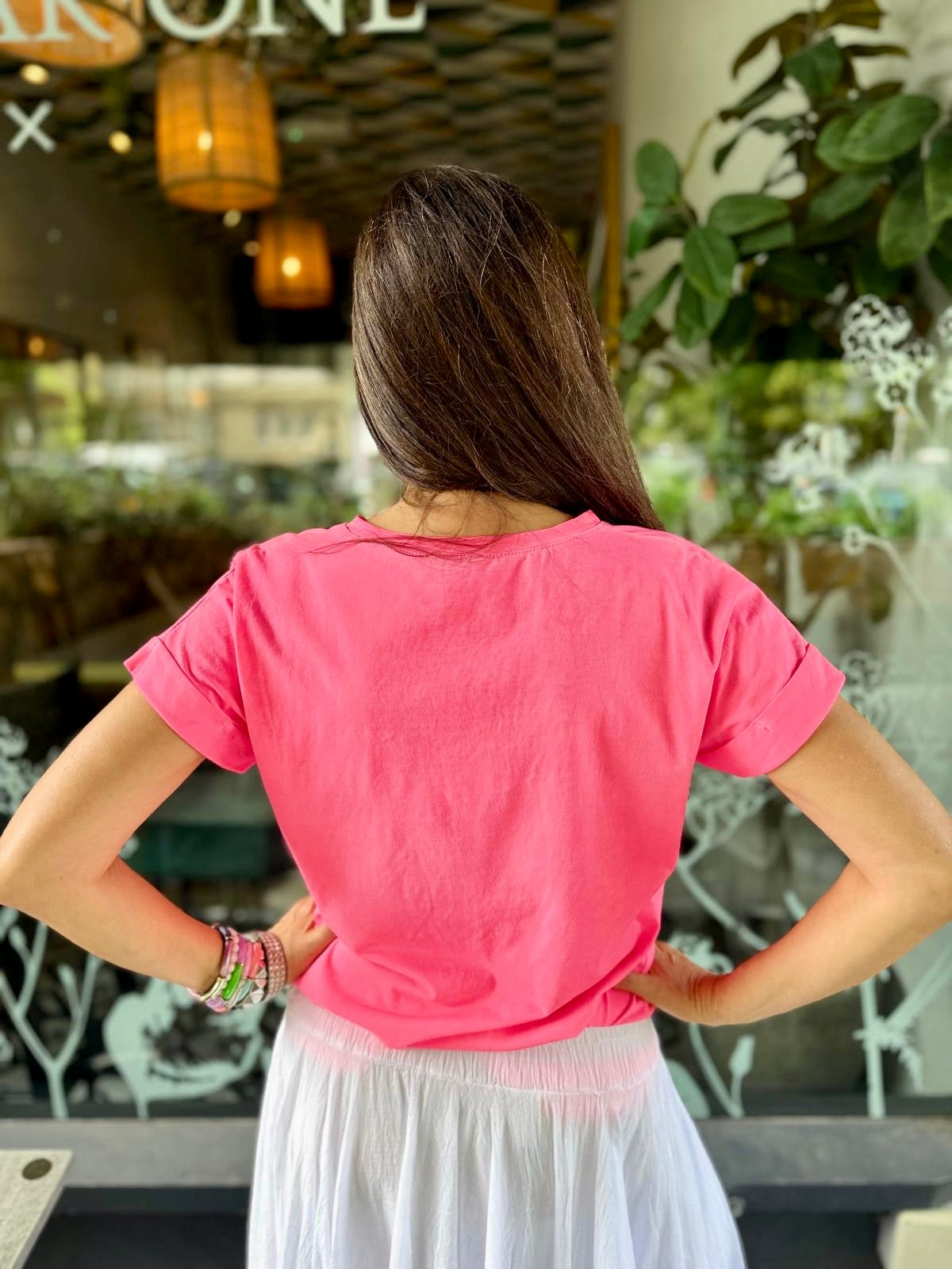 V Neck Tee - Neon Pink