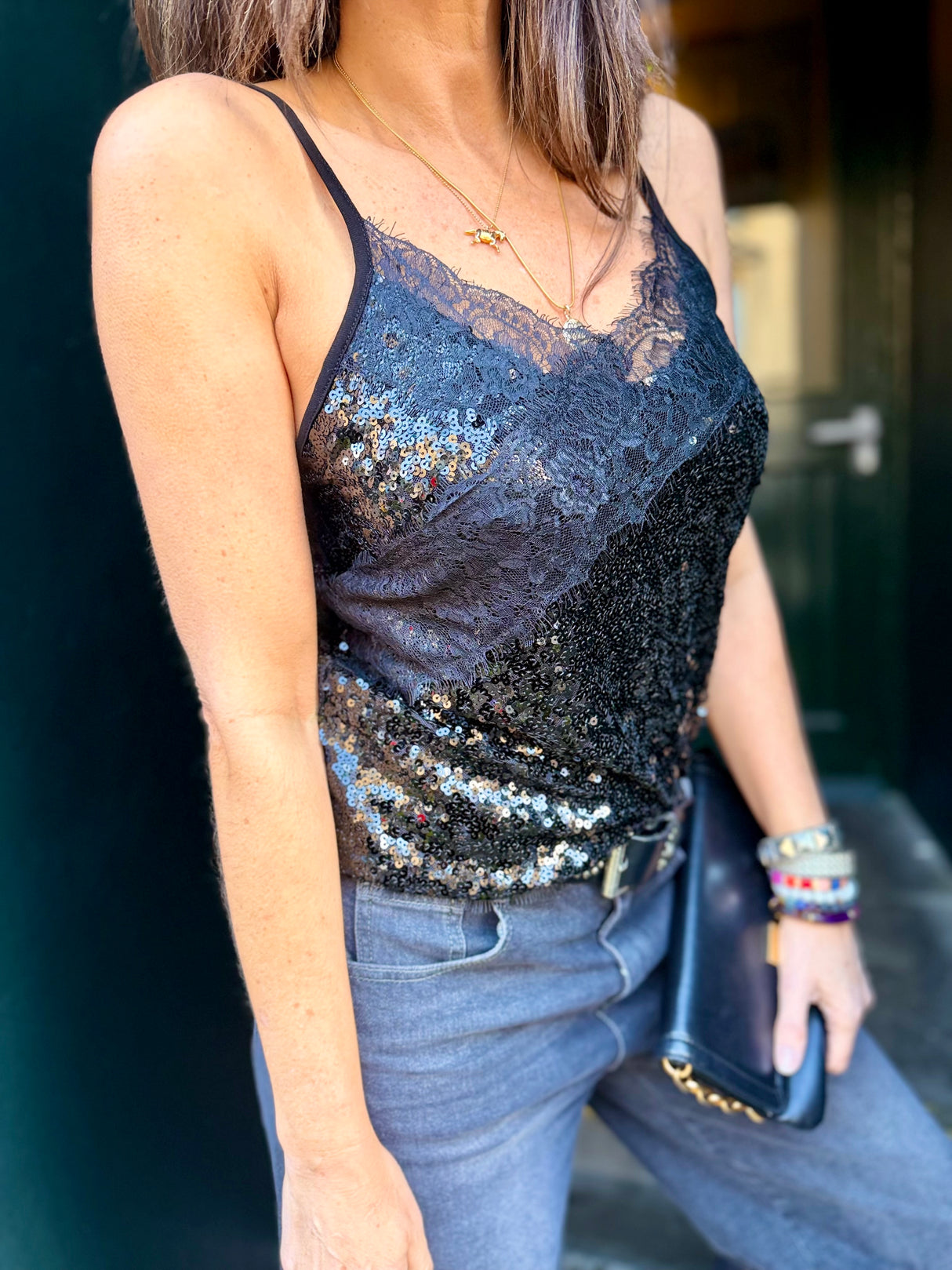 Harley Lace Sequin Cami - Black