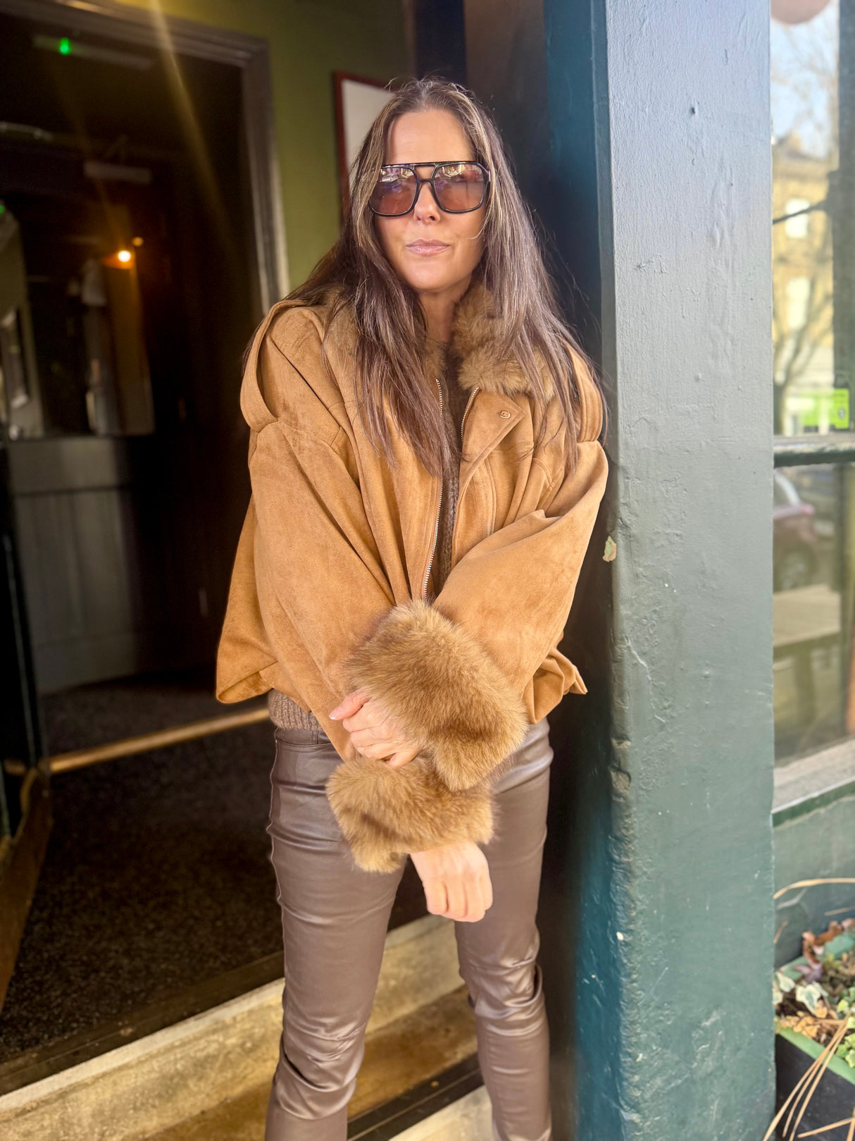 Shauna Faux Suede Bomber - Tan