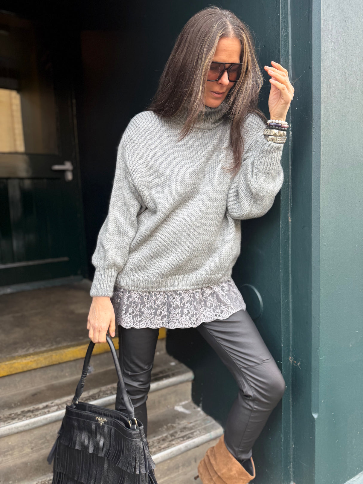 Arabella Lace Roll Neck Jumper - Grey