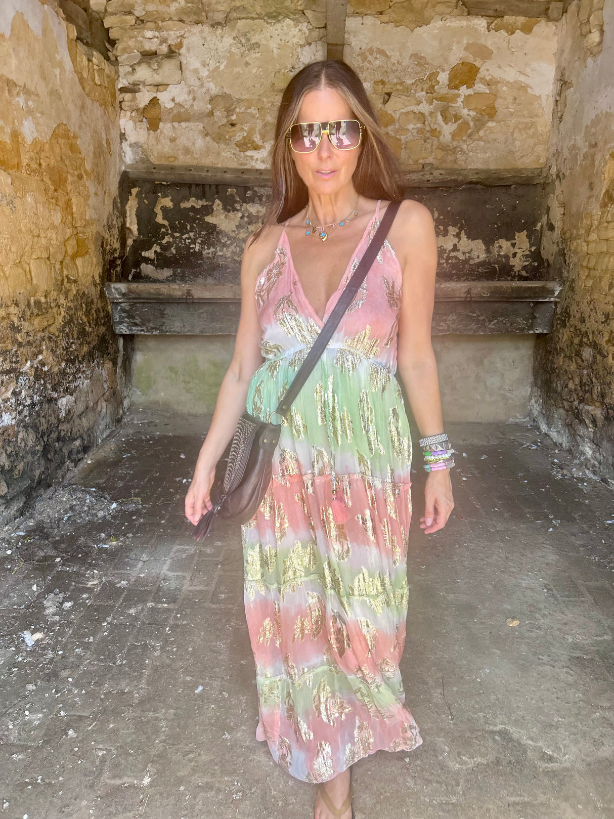 Crystal Metallic Maxi Dress - Orange