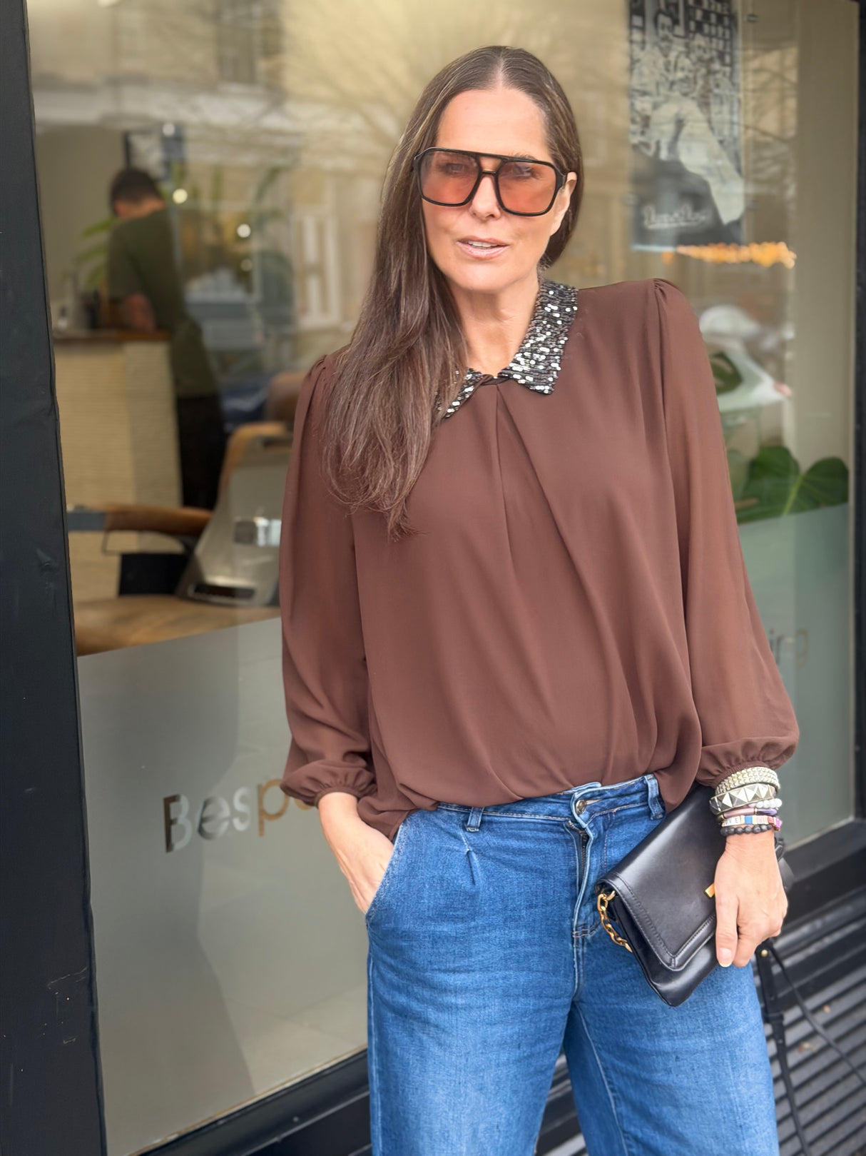 Siri Sequin Collar Blouse - Chocolate