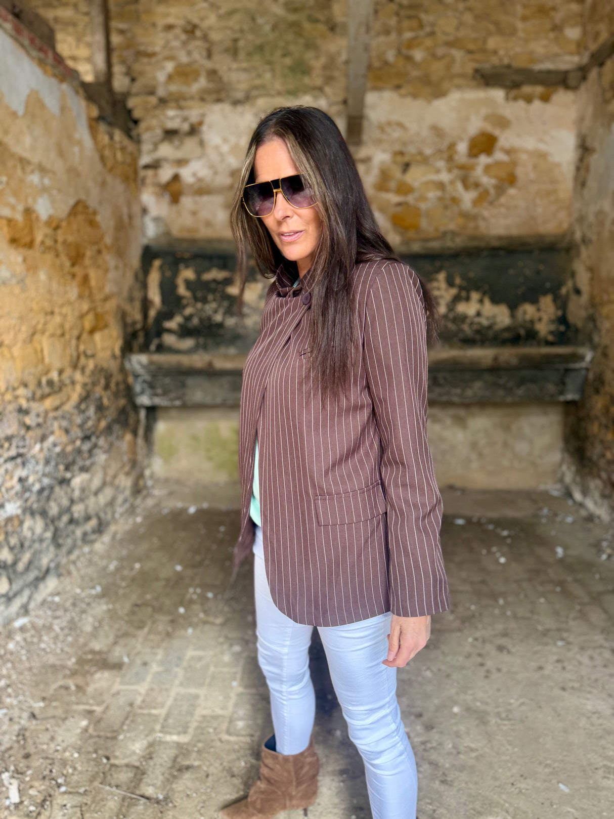 Pinstripe Funnel Neck Blazer - Chocolate