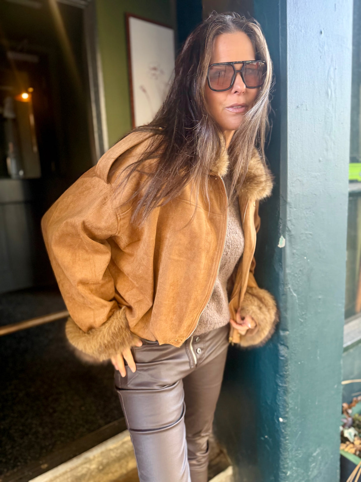 Shauna Faux Suede Bomber - Tan