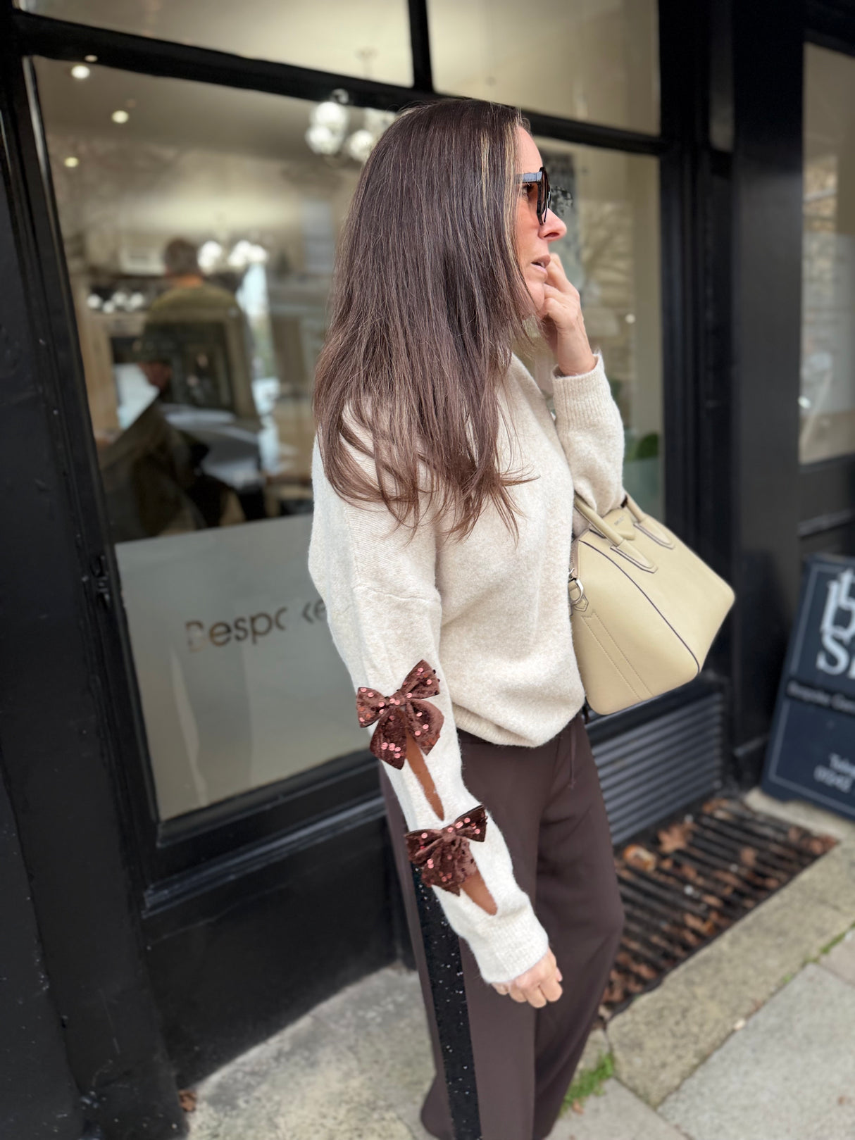 Riley Knit With Sequin Bow - Cream