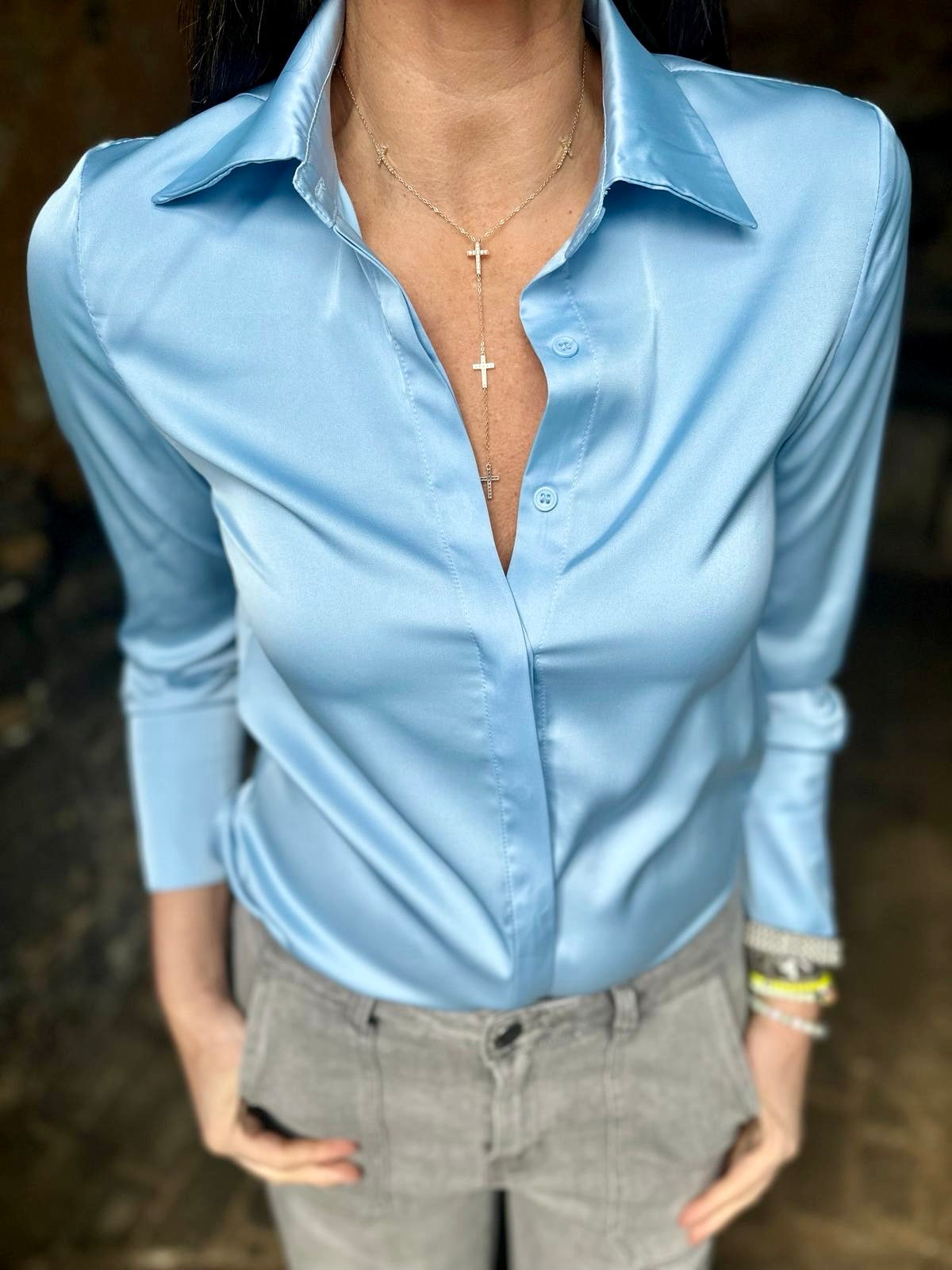 Camille Satin Shirt Sky