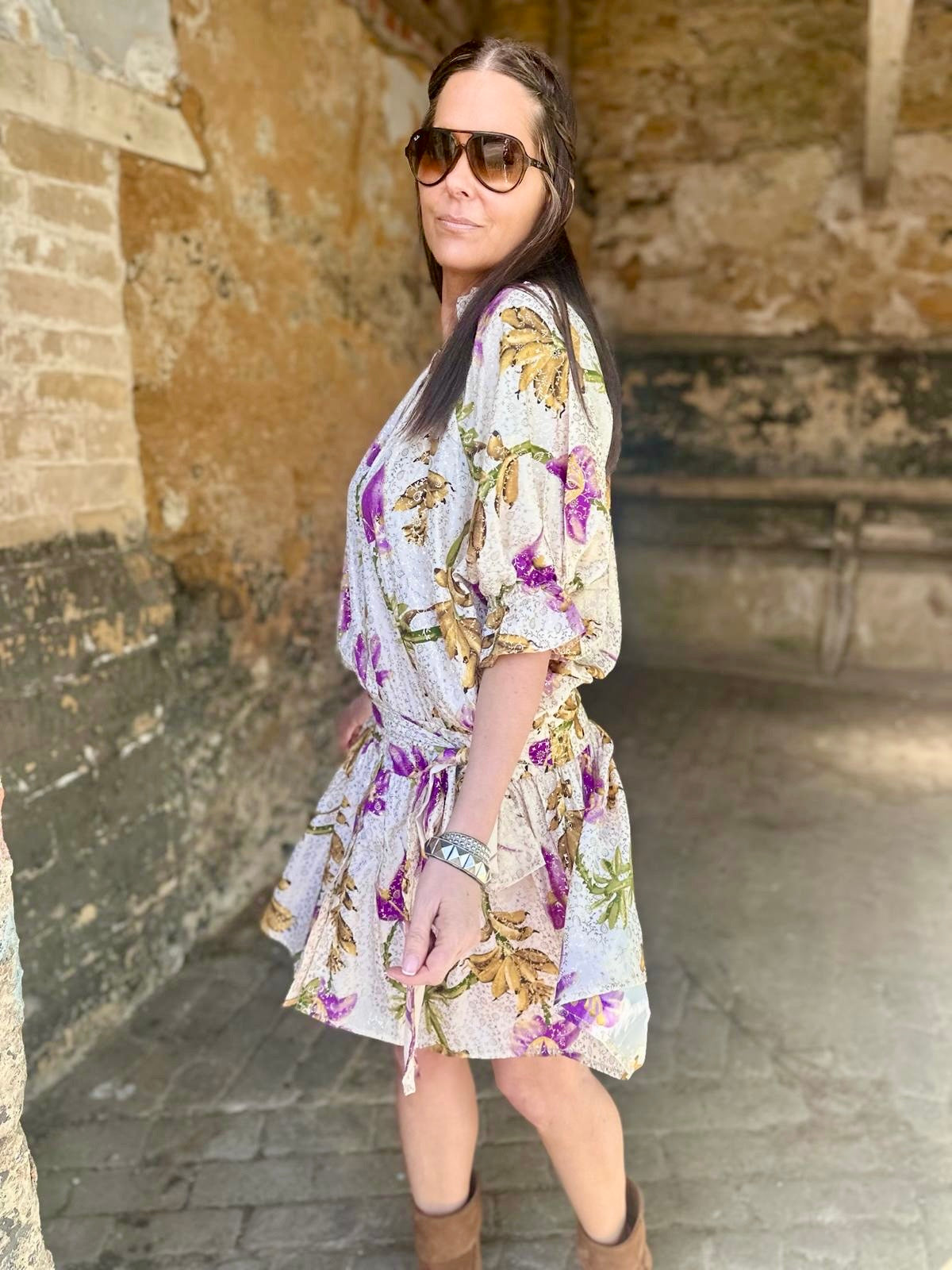 Clarissa Printed Dress - Cream/Purple