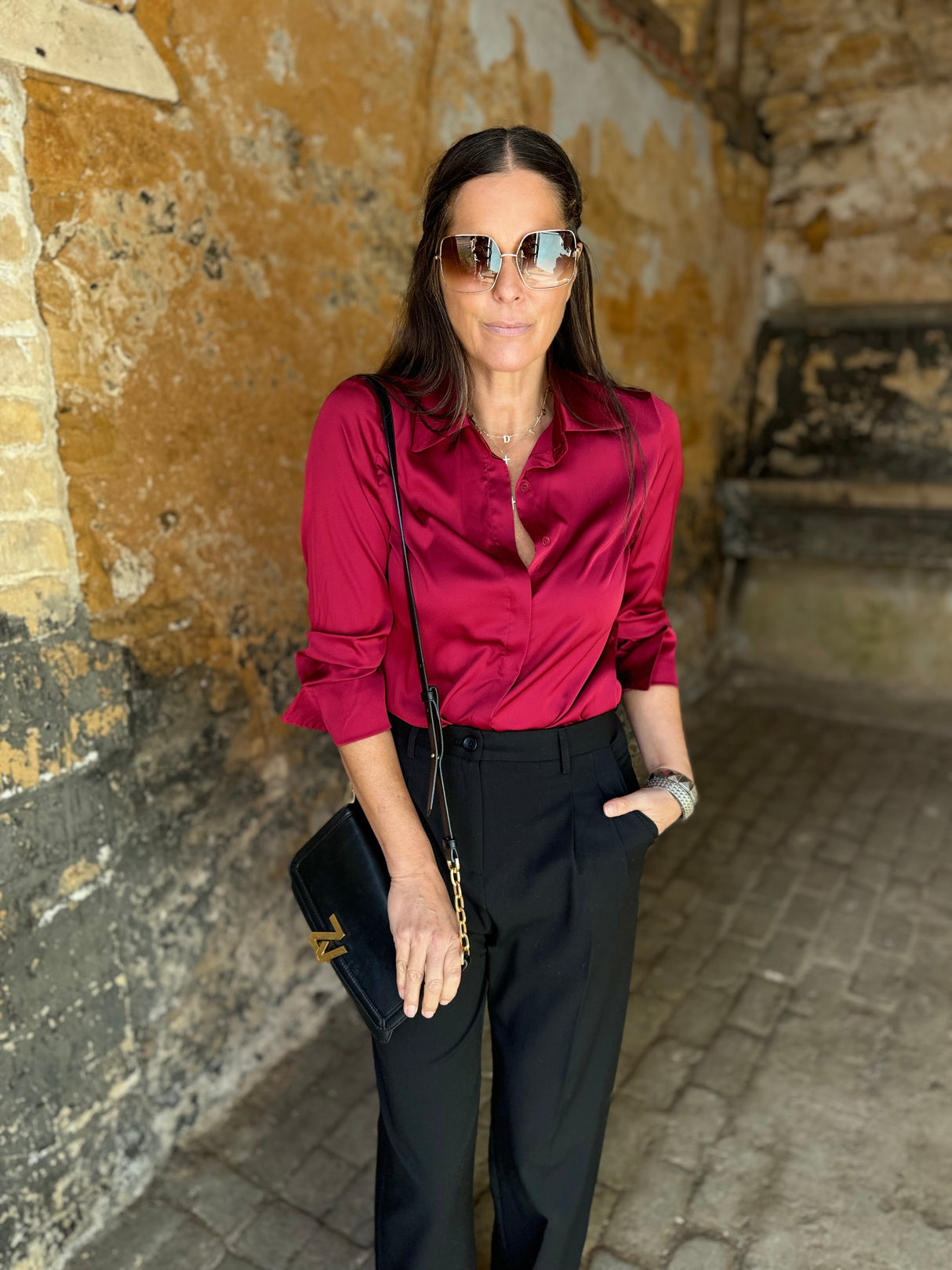 Camille Satin Shirt Claret