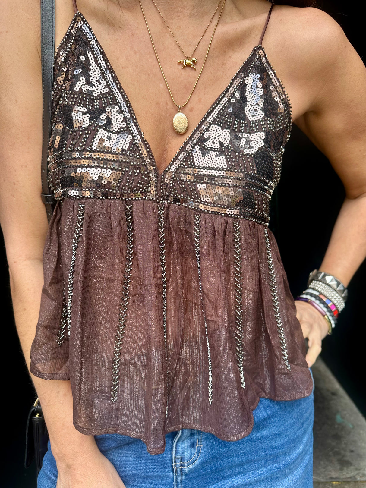 Liza Sequin Camisoles - Chocolate