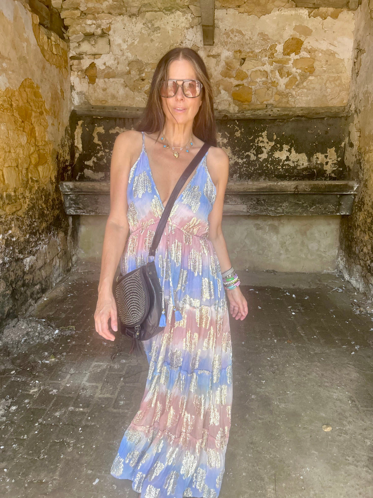 Crystal Metallic Maxi Dress - Blue