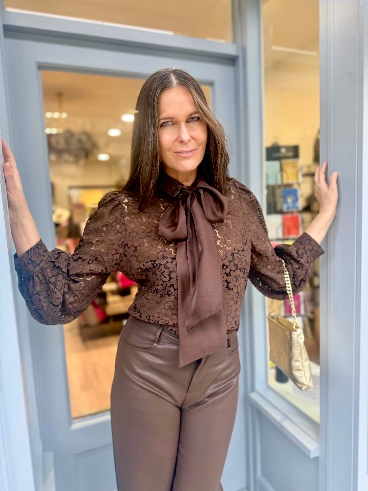 Cara Lace Pussy Bow Blouse - Chocolate