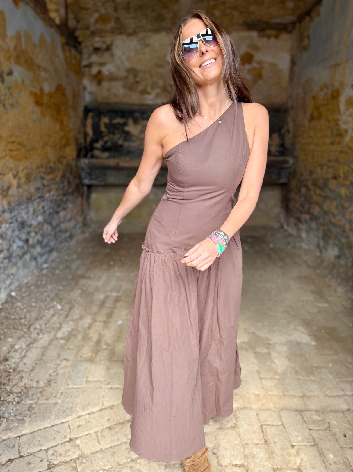 Louise One Shoulder Dress - Chocolate