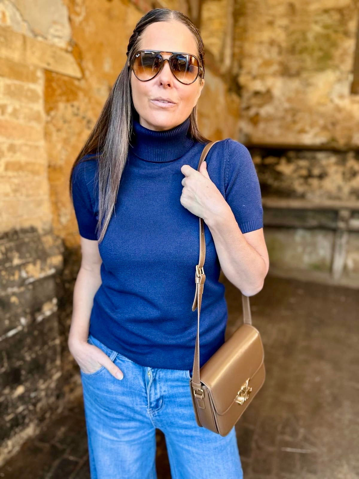 Ines Short Sleeve Polo Neck - Navy