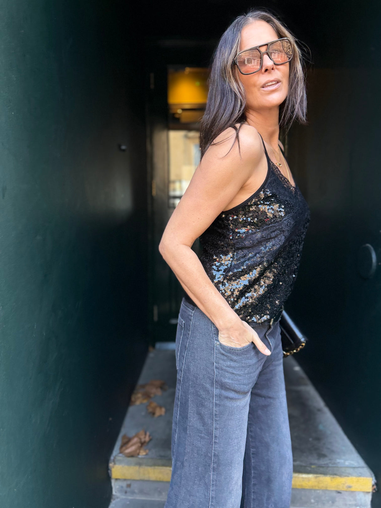 Harley Lace Sequin Cami - Black