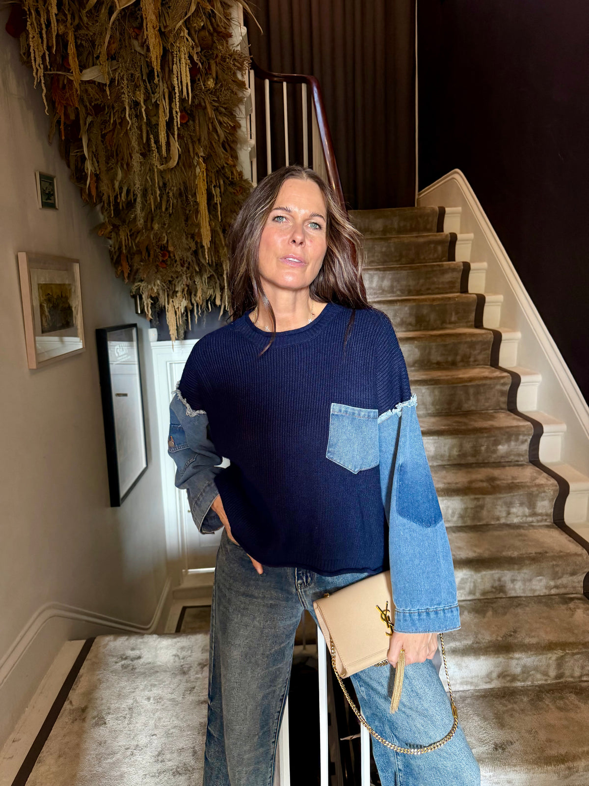 Bronte Knit With Denim Sleeve - Navy
