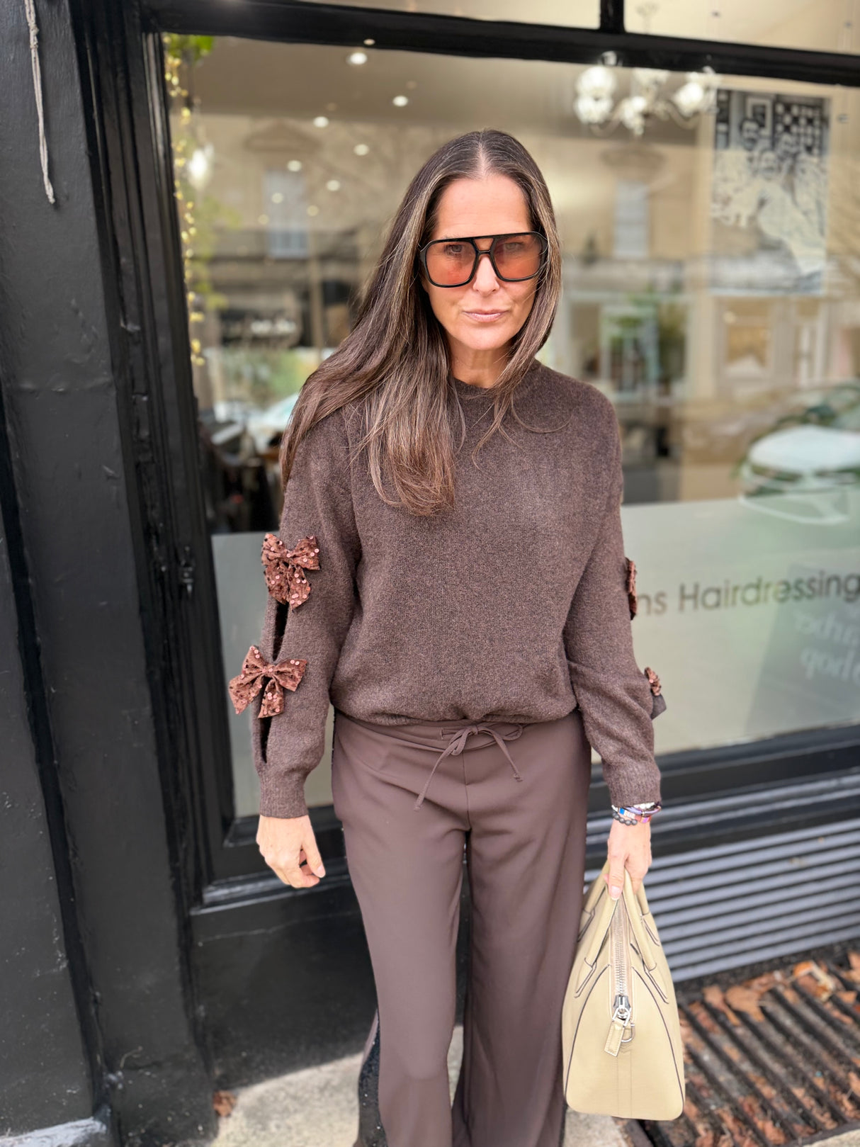 Riley Knit With Sequin Bow - Chocolate