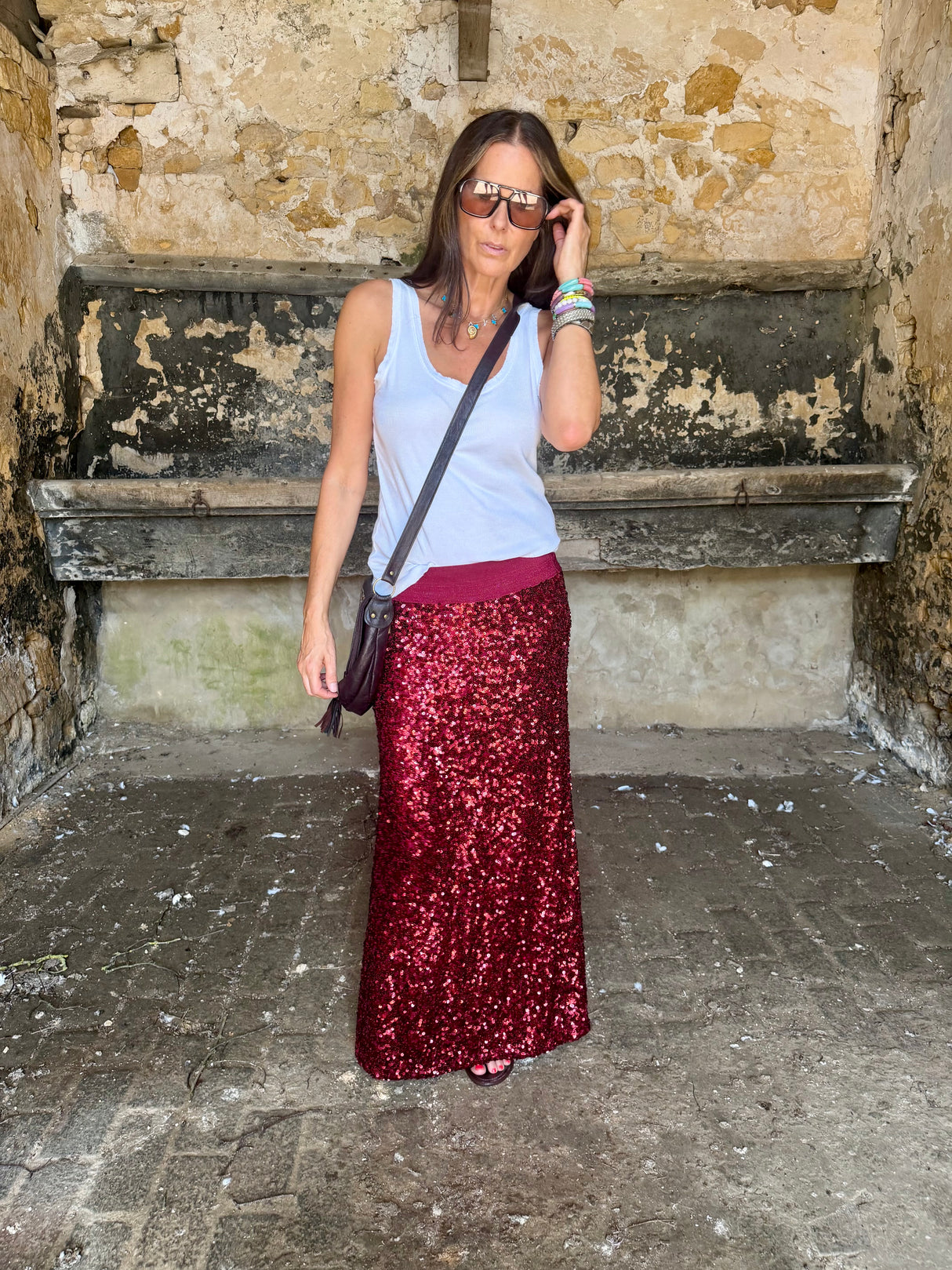 Seline Sequin Skirt - Ruby