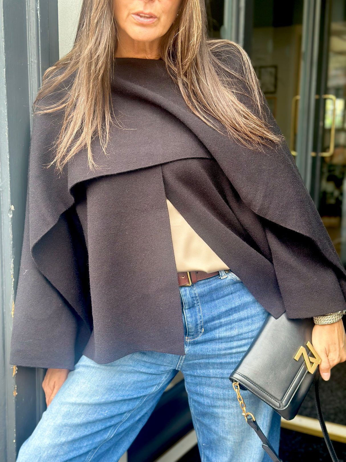 Fliss Knitted Cape with Scarf - Black