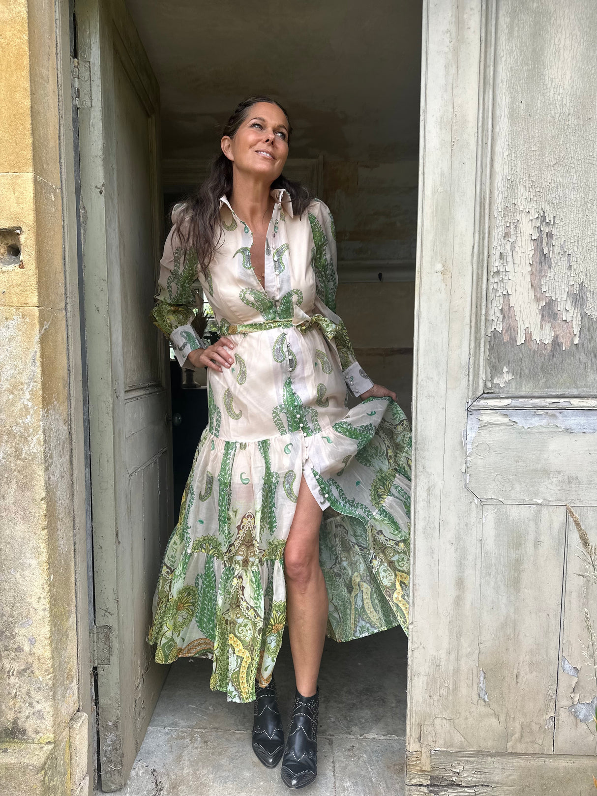 Bruges Floaty Maxi Dress - Cream/Green