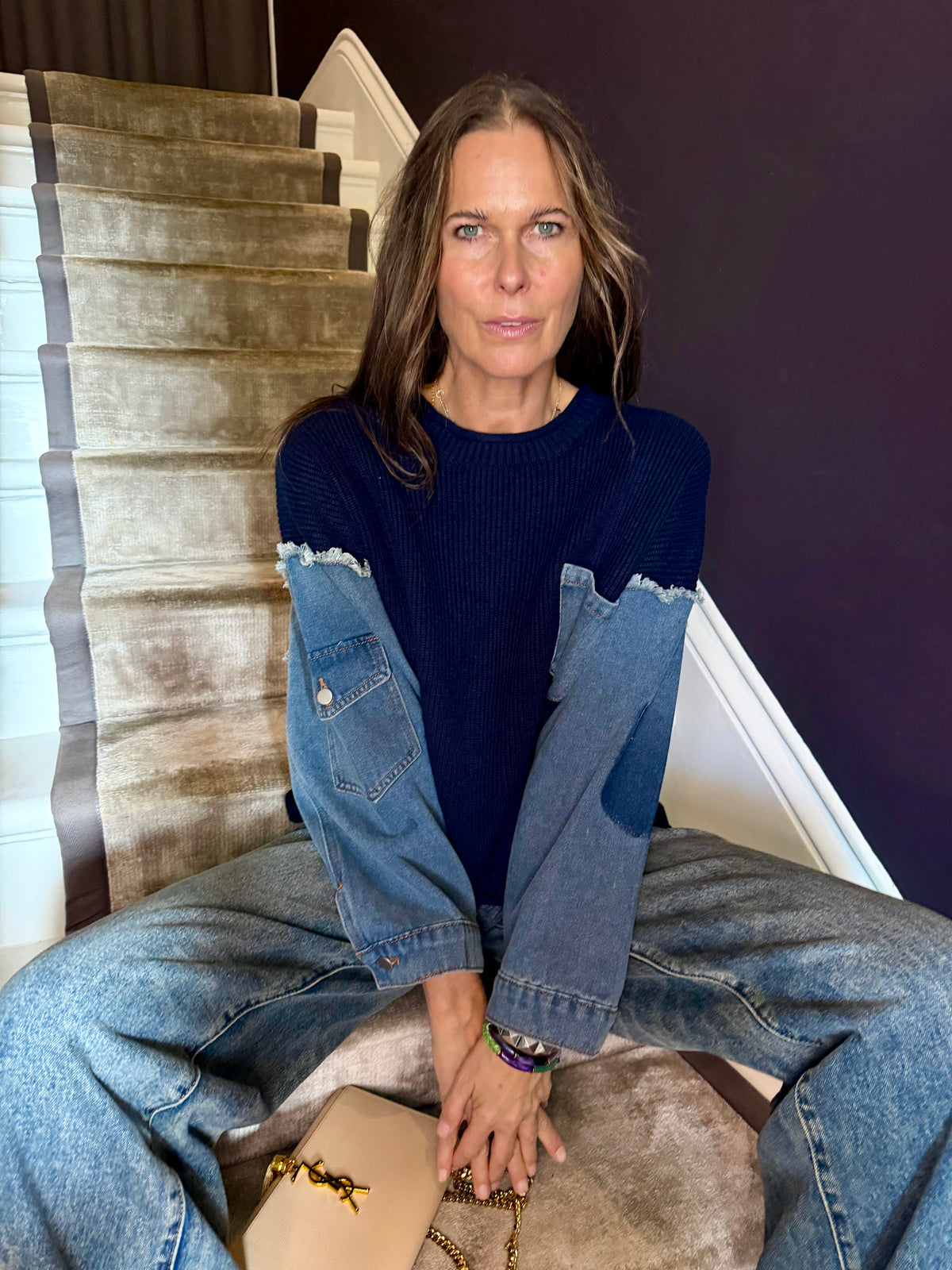 Bronte Knit With Denim Sleeve - Navy