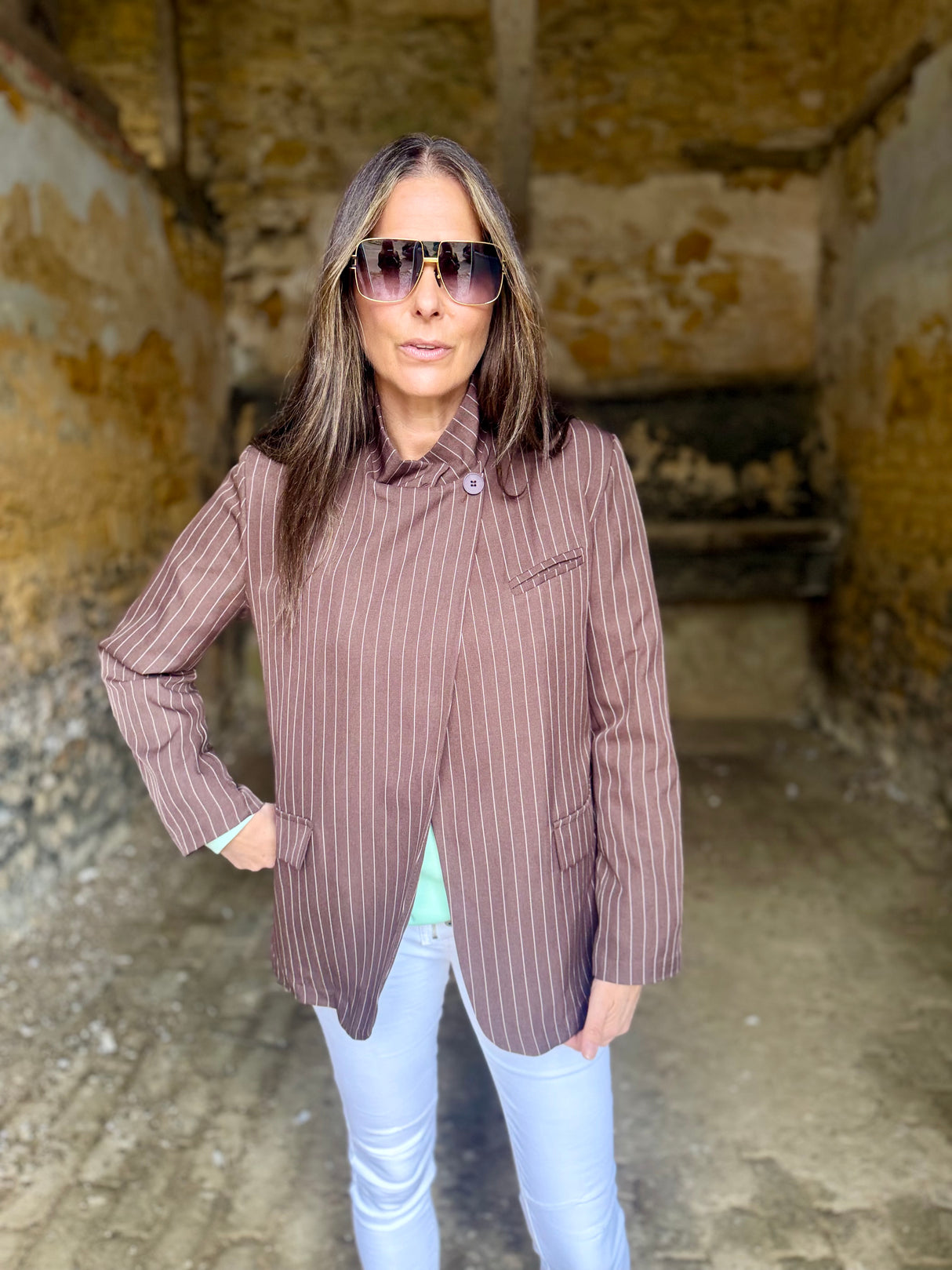 Pinstripe Funnel Neck Blazer - Chocolate