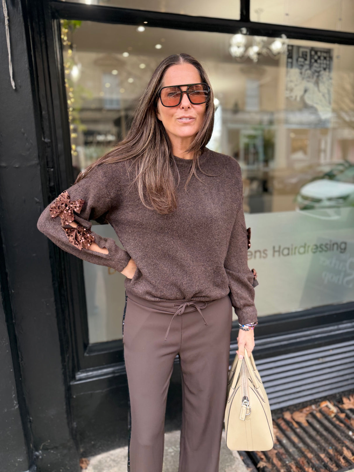 Riley Knit With Sequin Bow - Chocolate