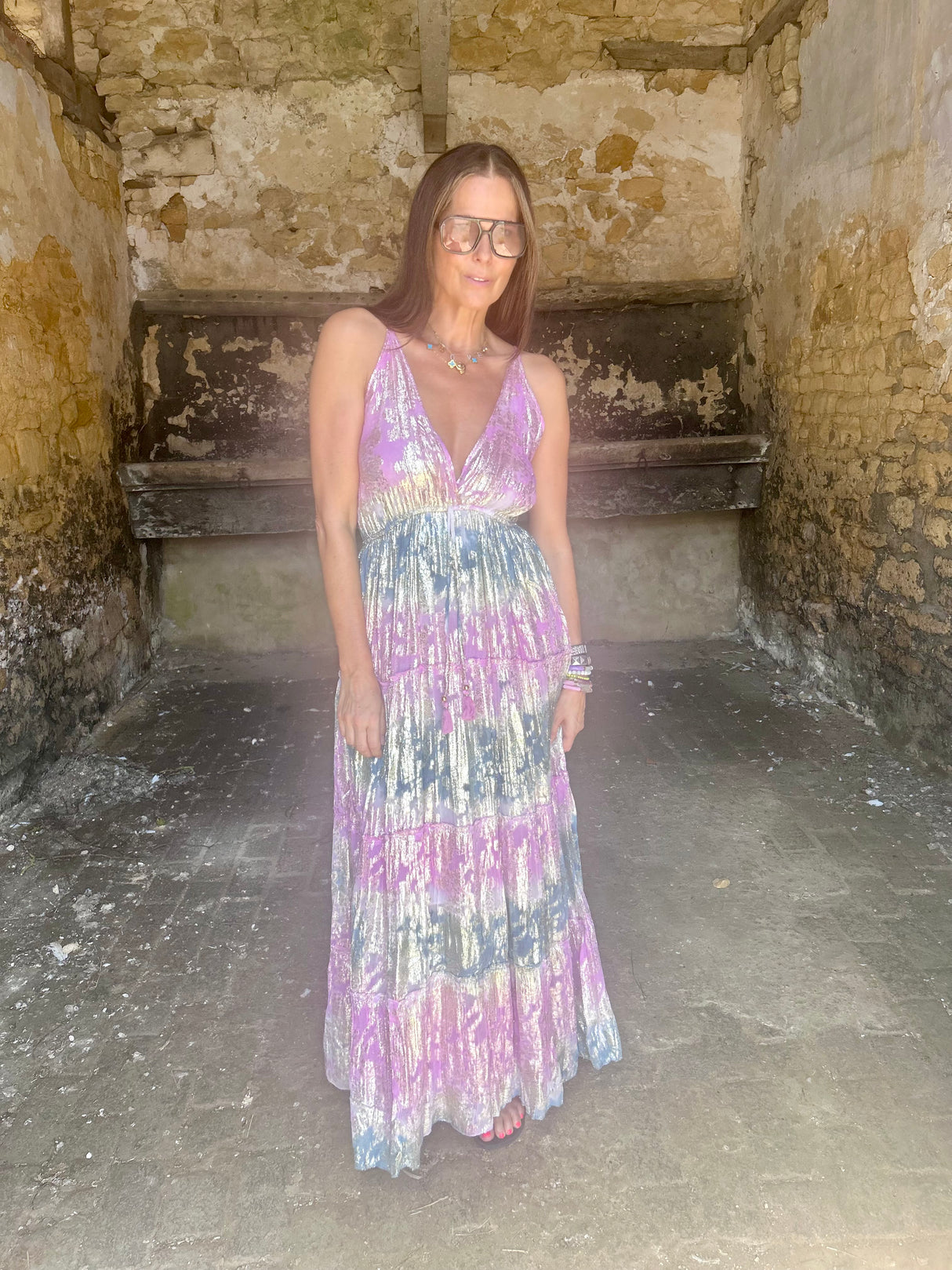 Crystal Metallic Maxi Dress - Hot Pink