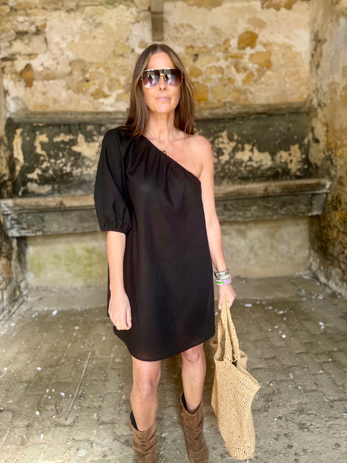 Den One Shoulder Smock Dress - Black