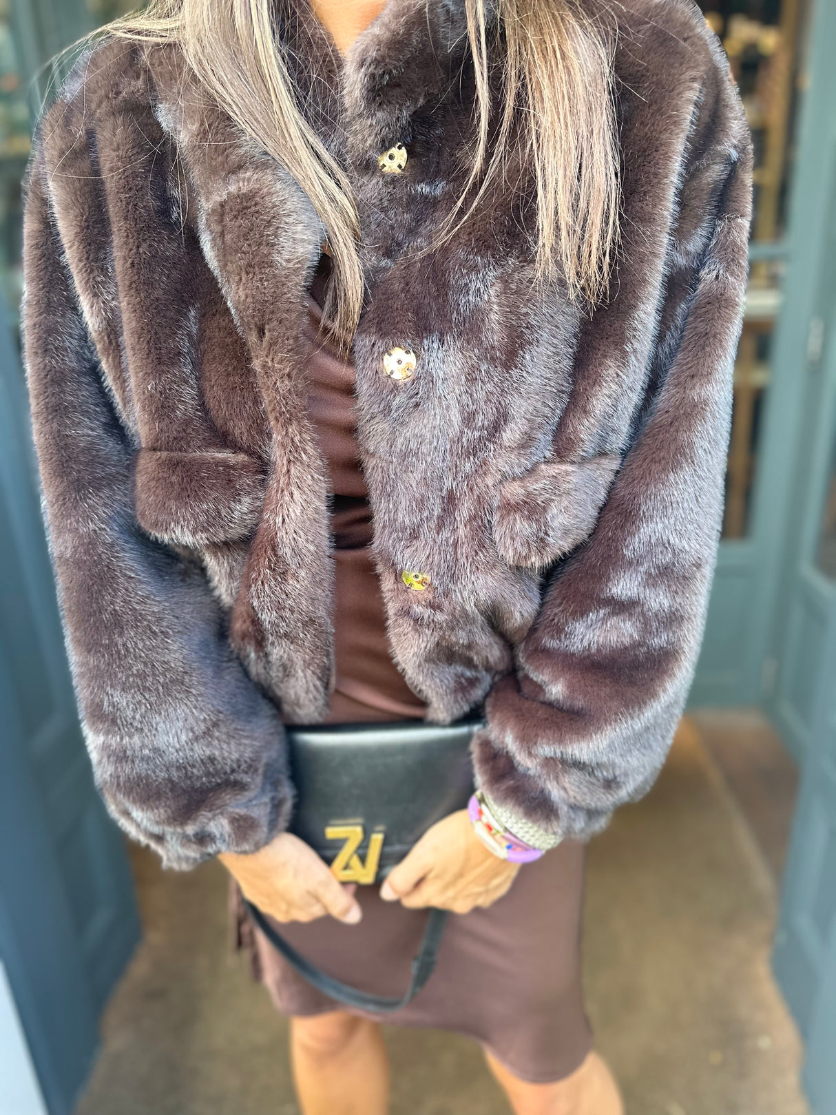 Benny Faux Fur Bomber Jacket - Chocolate