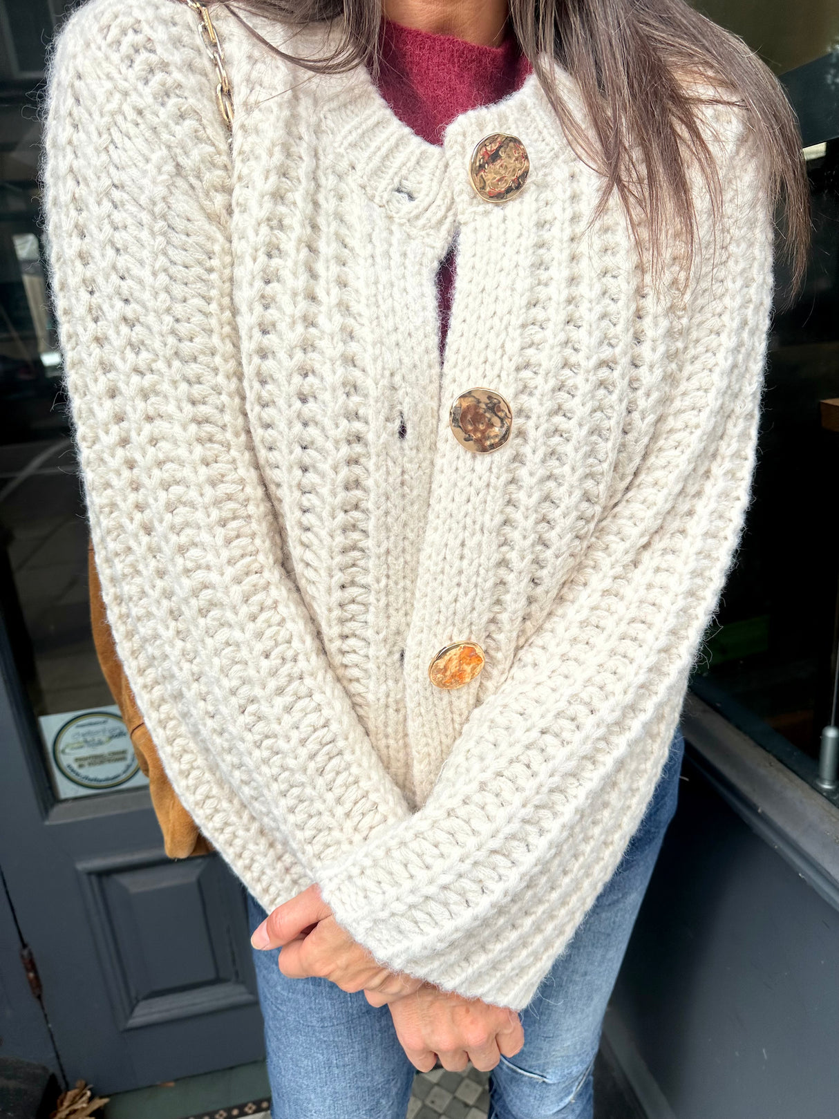 Saira Gold Button Cardigan - Cream