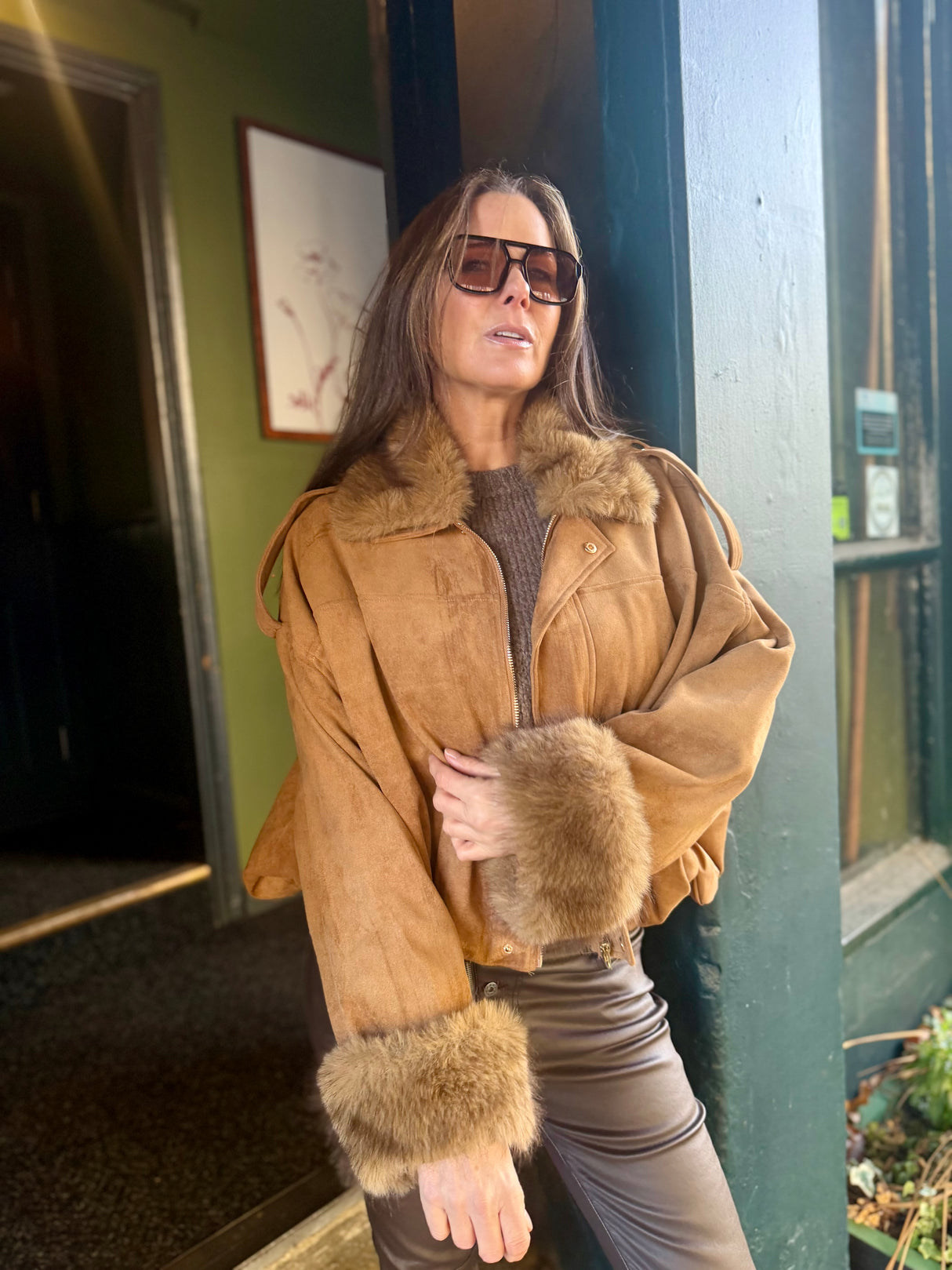 Shauna Faux Suede Bomber - Tan