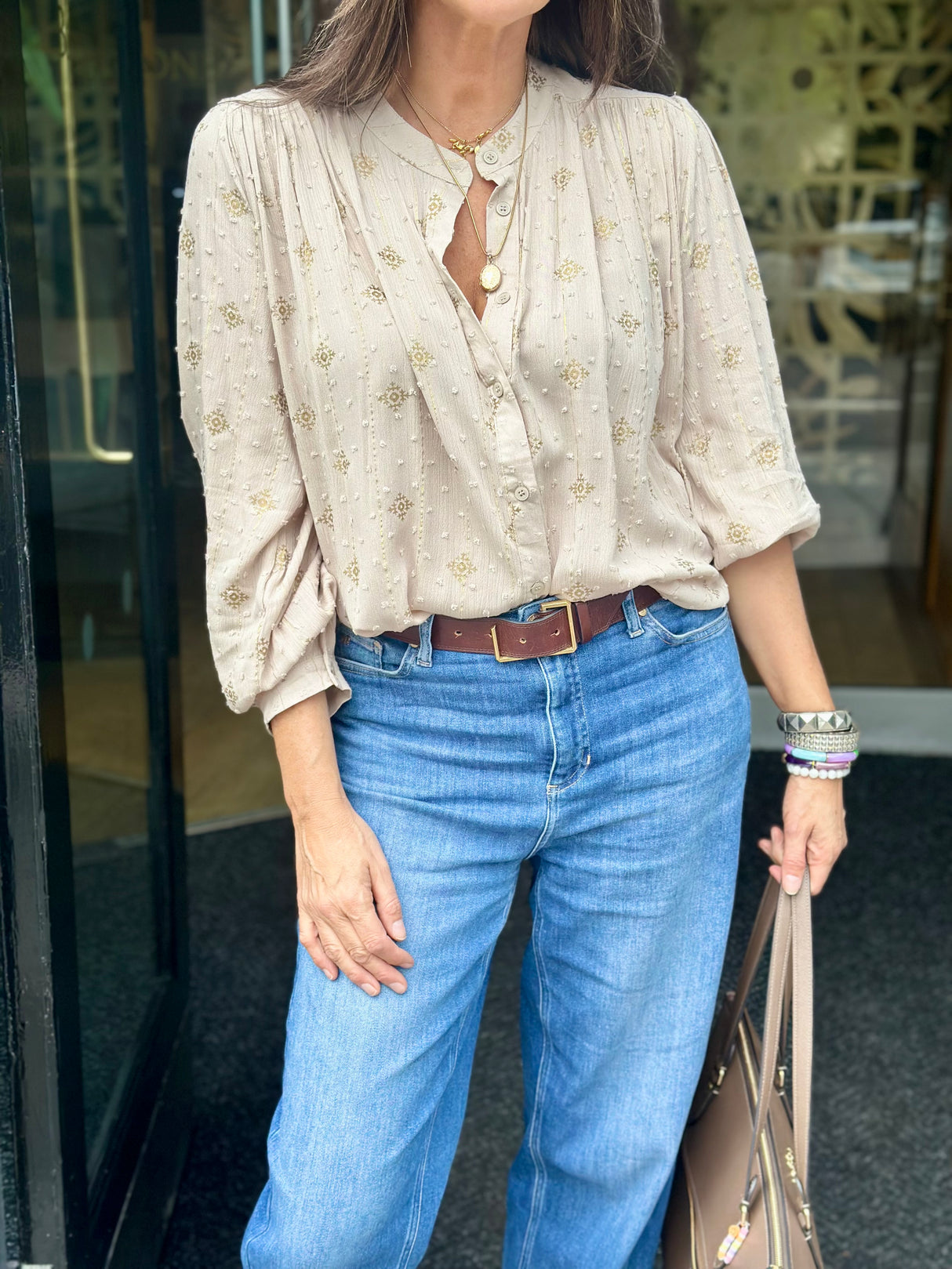 Greta Printed Blouse - Biscuit