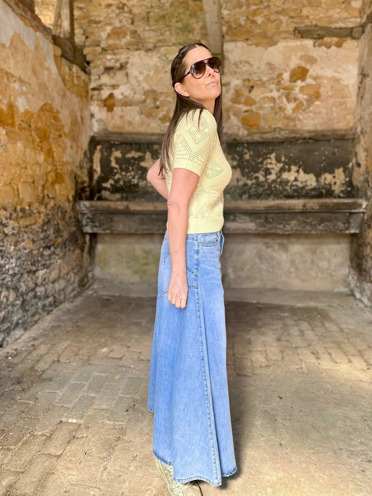 Crush Denim Maxi Skirt