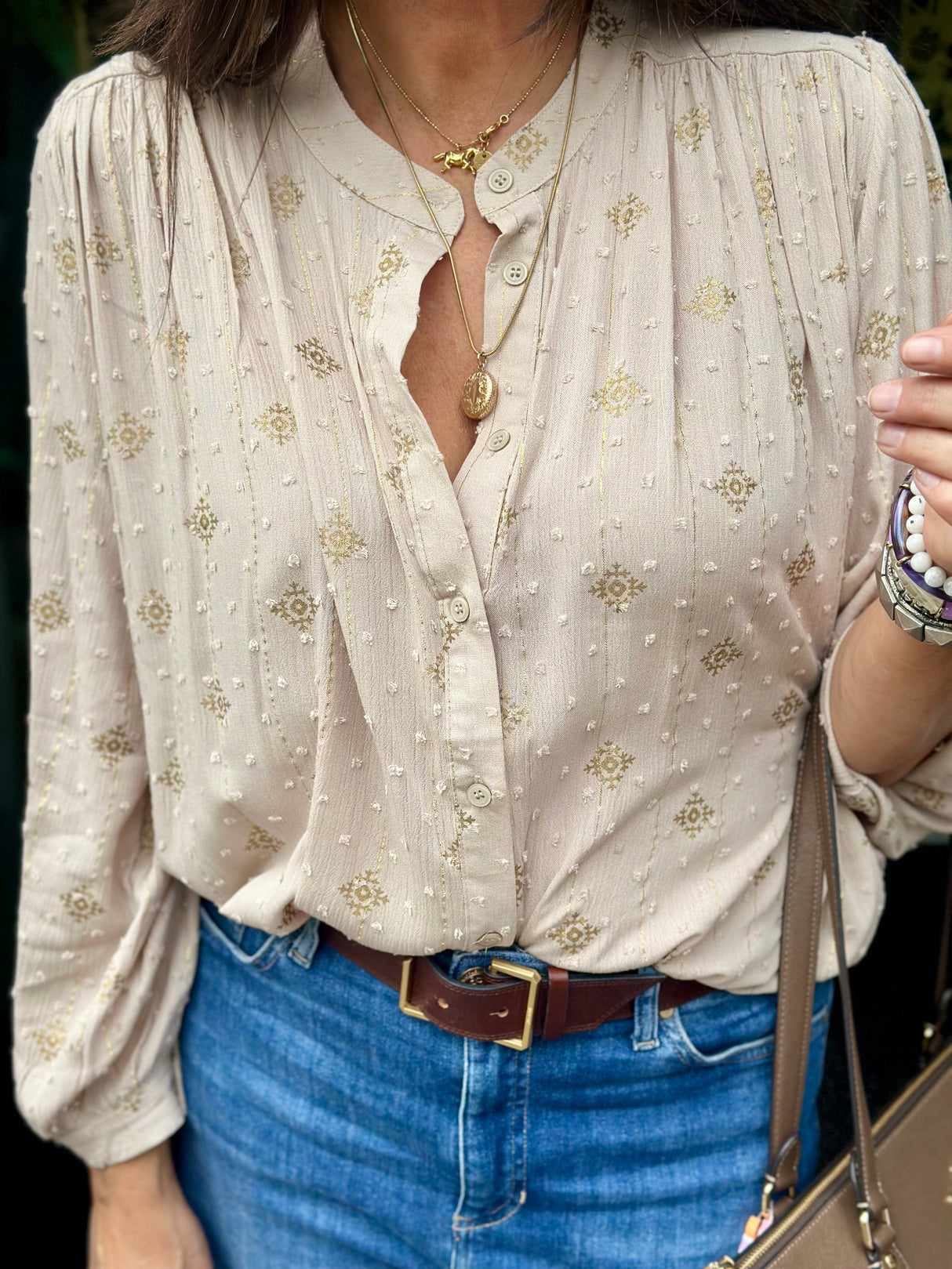 Greta Printed Blouse - Biscuit