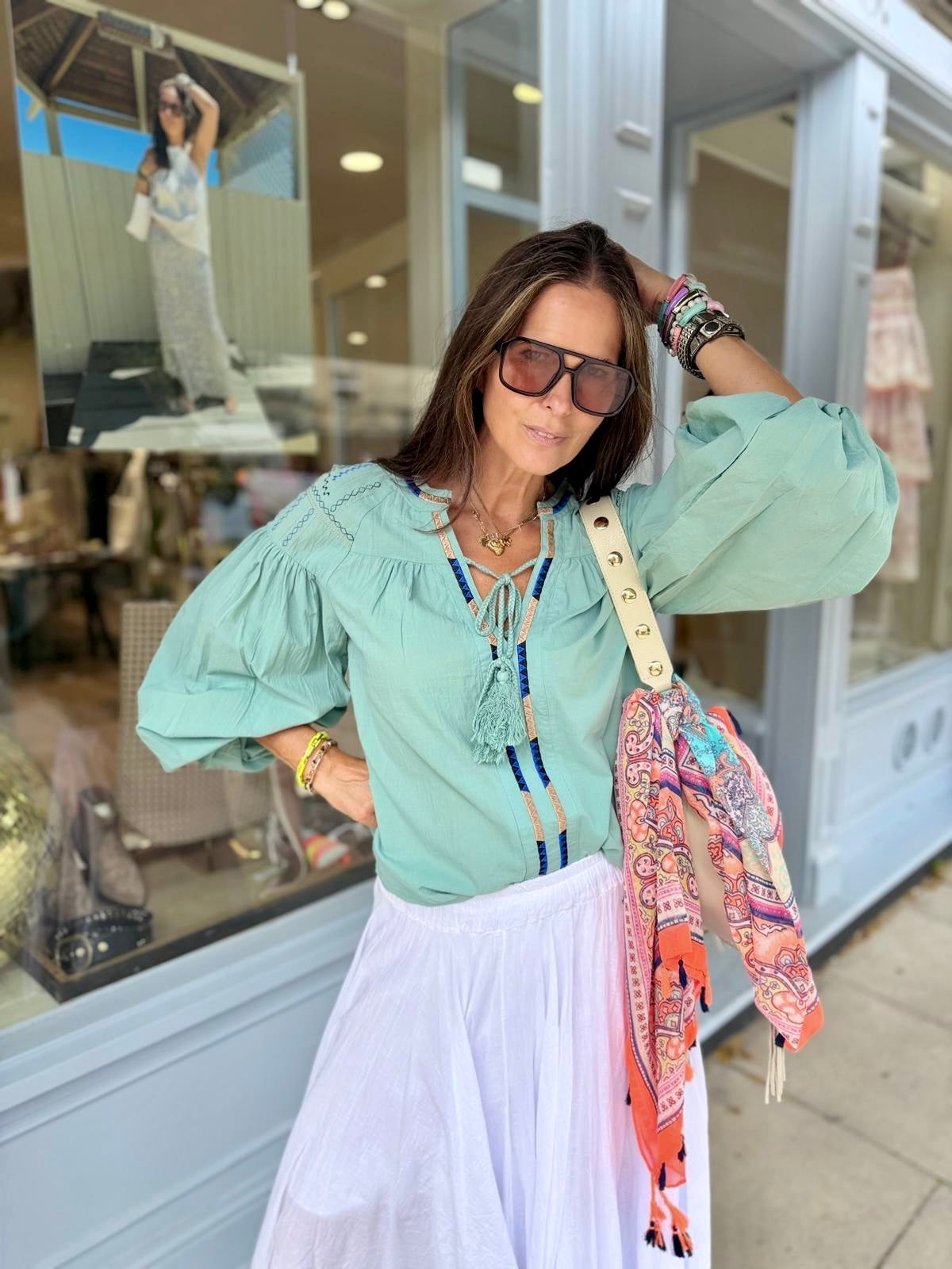 Citrine Blouse With Tassel - Aqua
