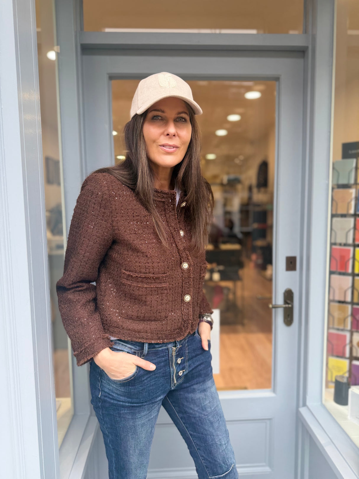 Cecile Cropped Tweed Jacket - Chocolate