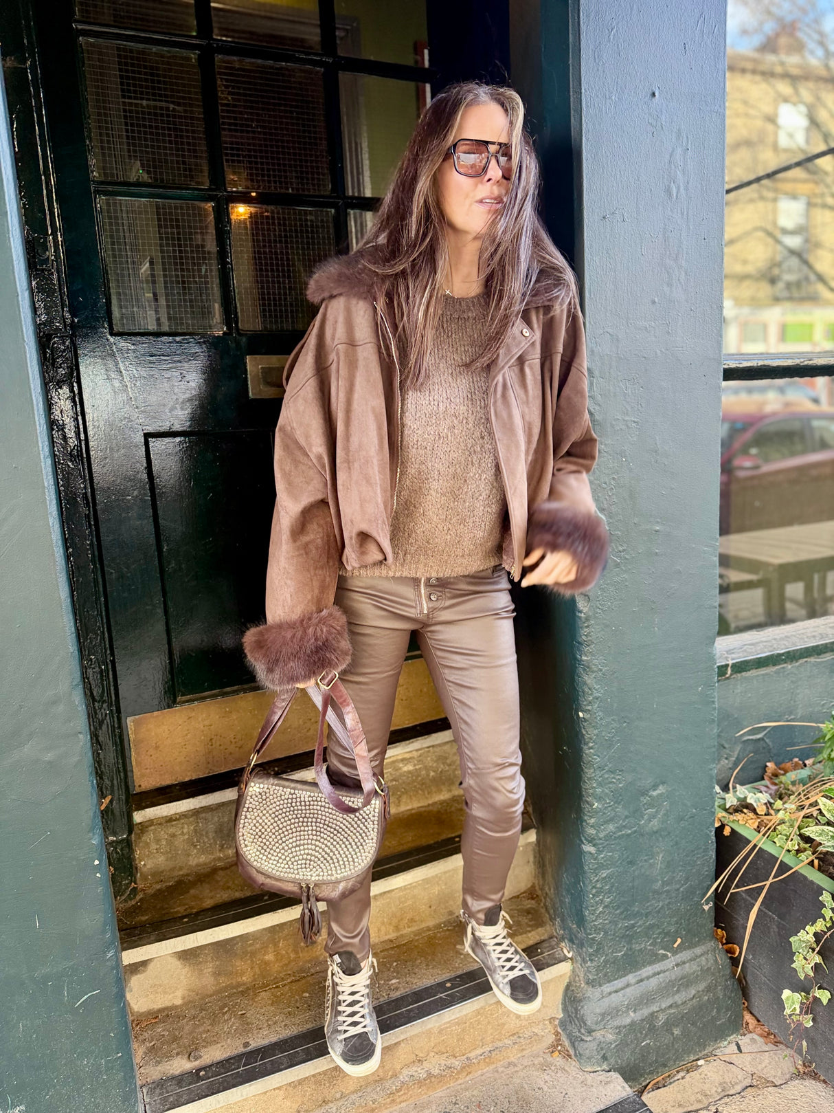 Shauna Faux Suede Bomber - Choc