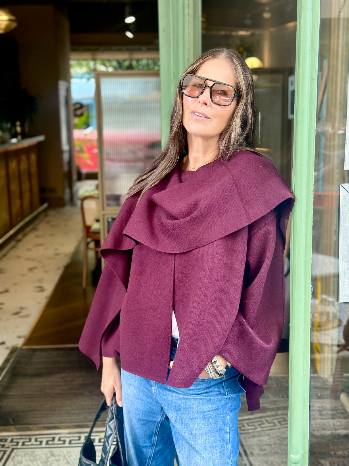 Fliss Knitted Cape with Scarf - Cherry