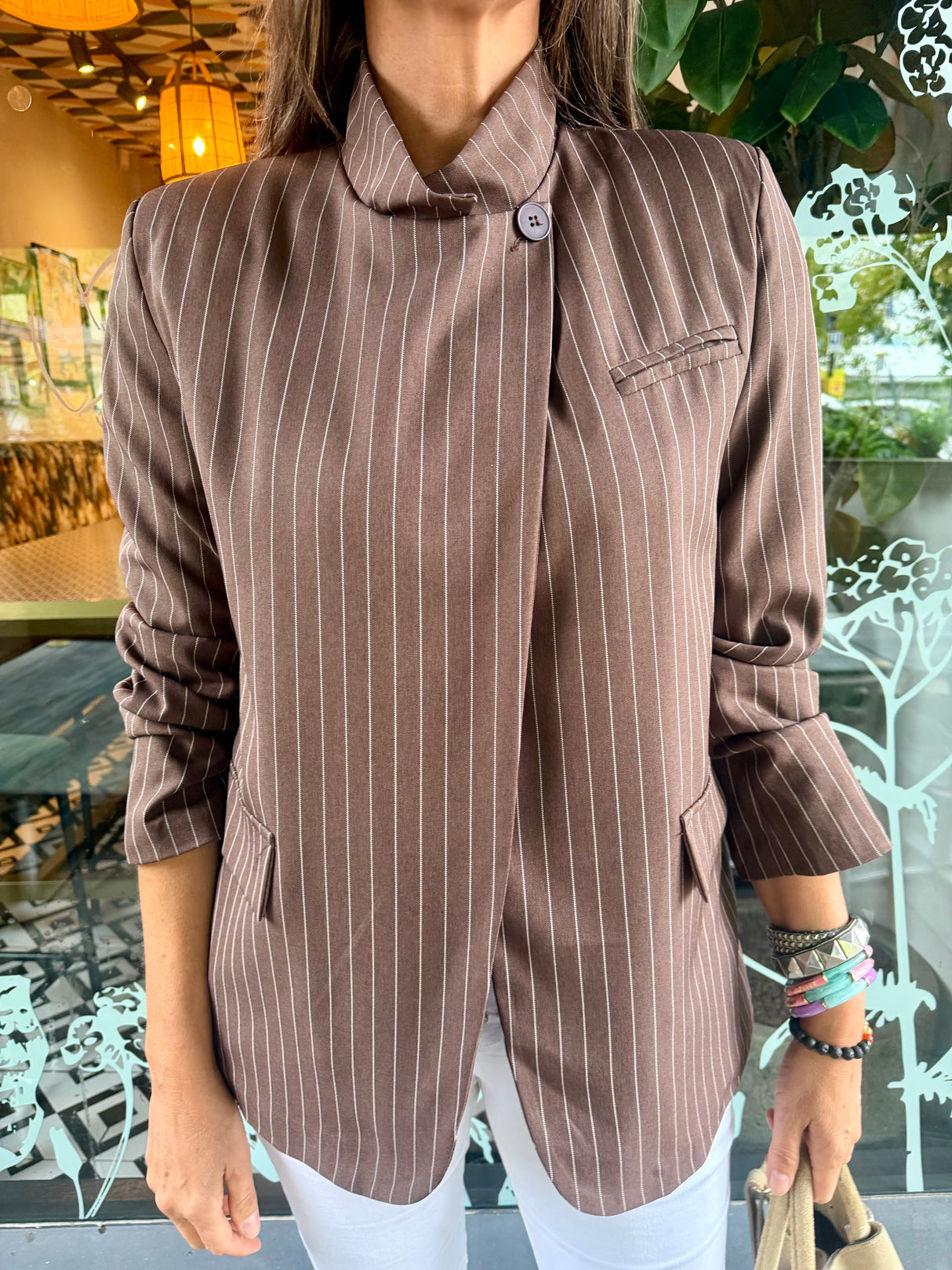 Pinstripe Funnel Neck Blazer - Chocolate