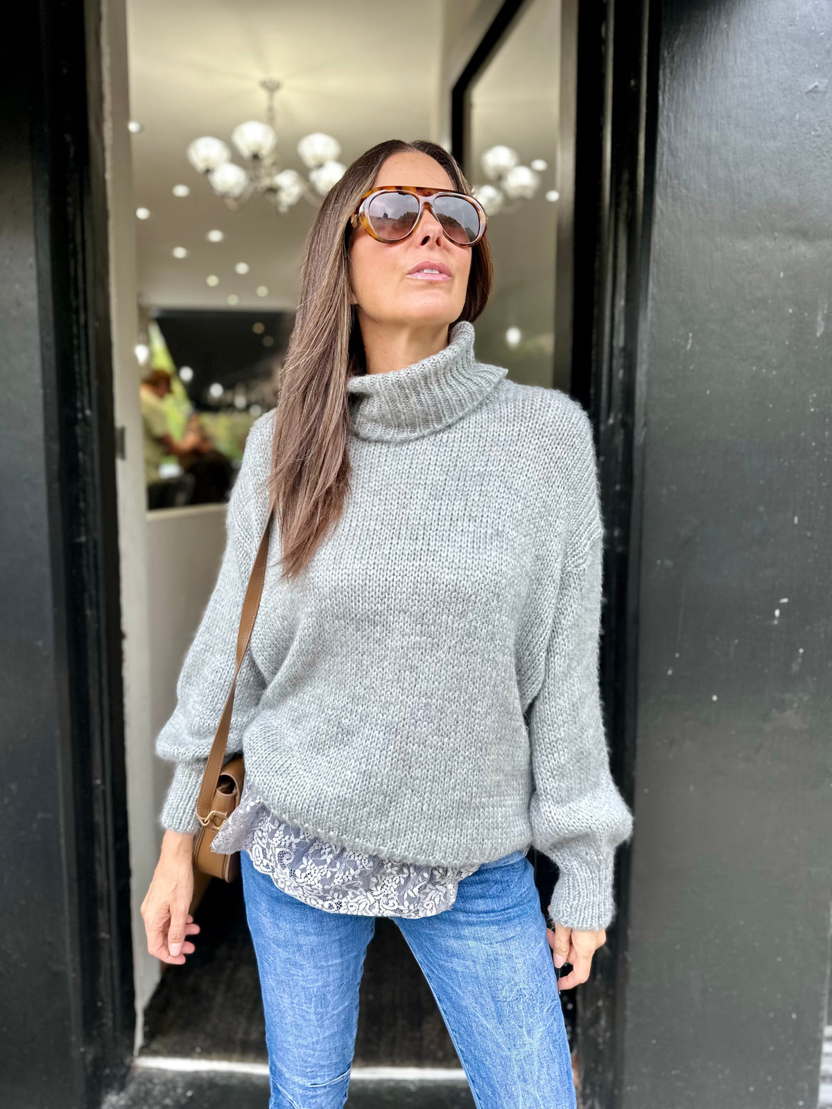 Arabella Lace Roll Neck Jumper - Grey