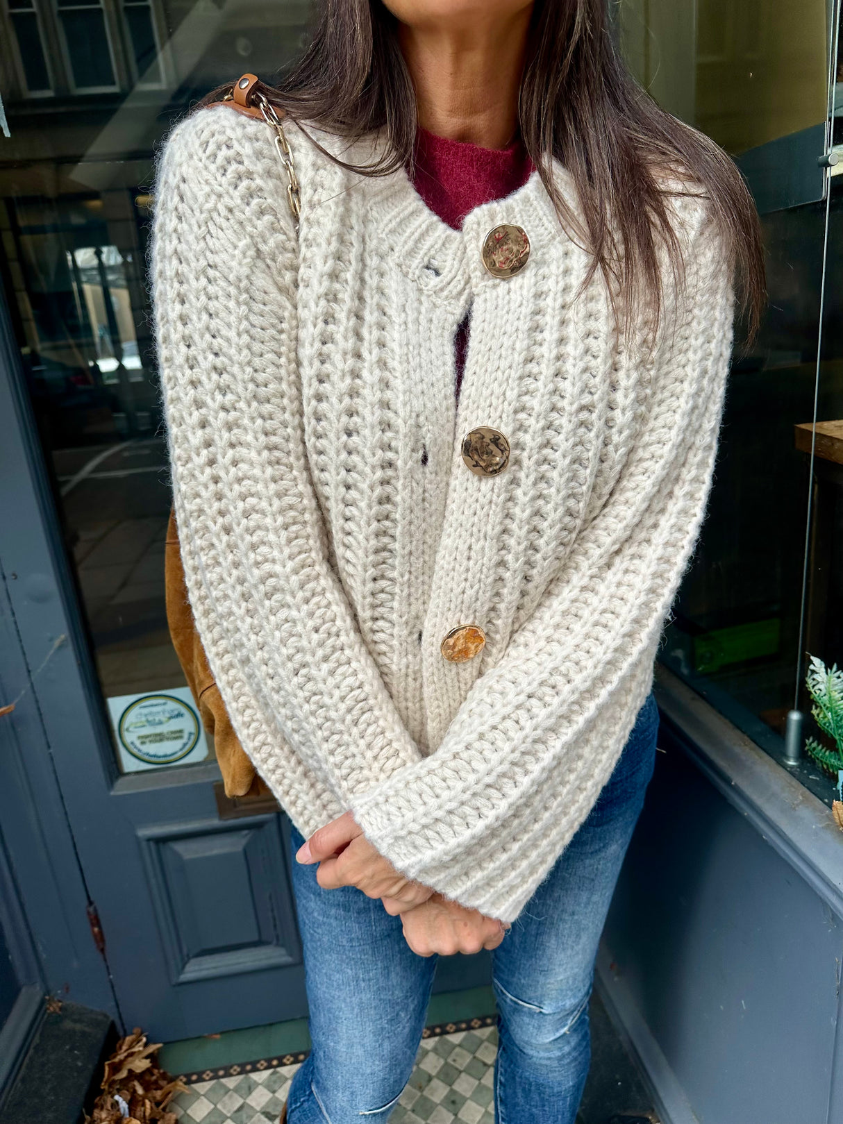 Saira Gold Button Cardigan - Cream