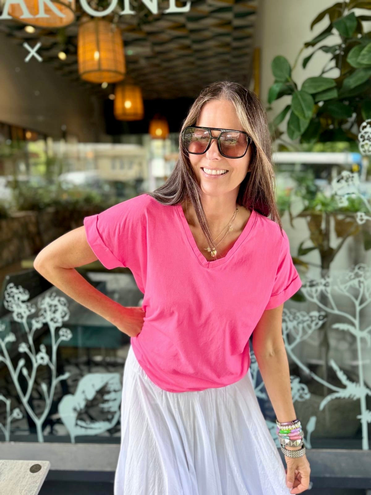 V Neck Tee - Neon Pink