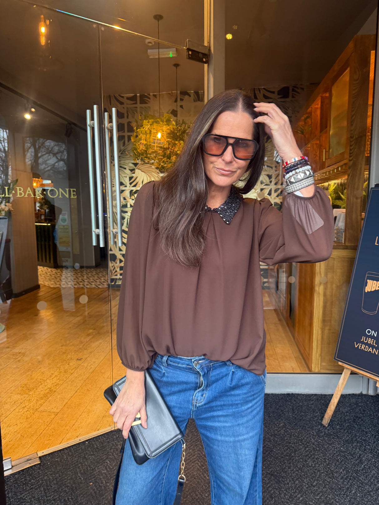 Siri Sequin Collar Blouse - Chocolate