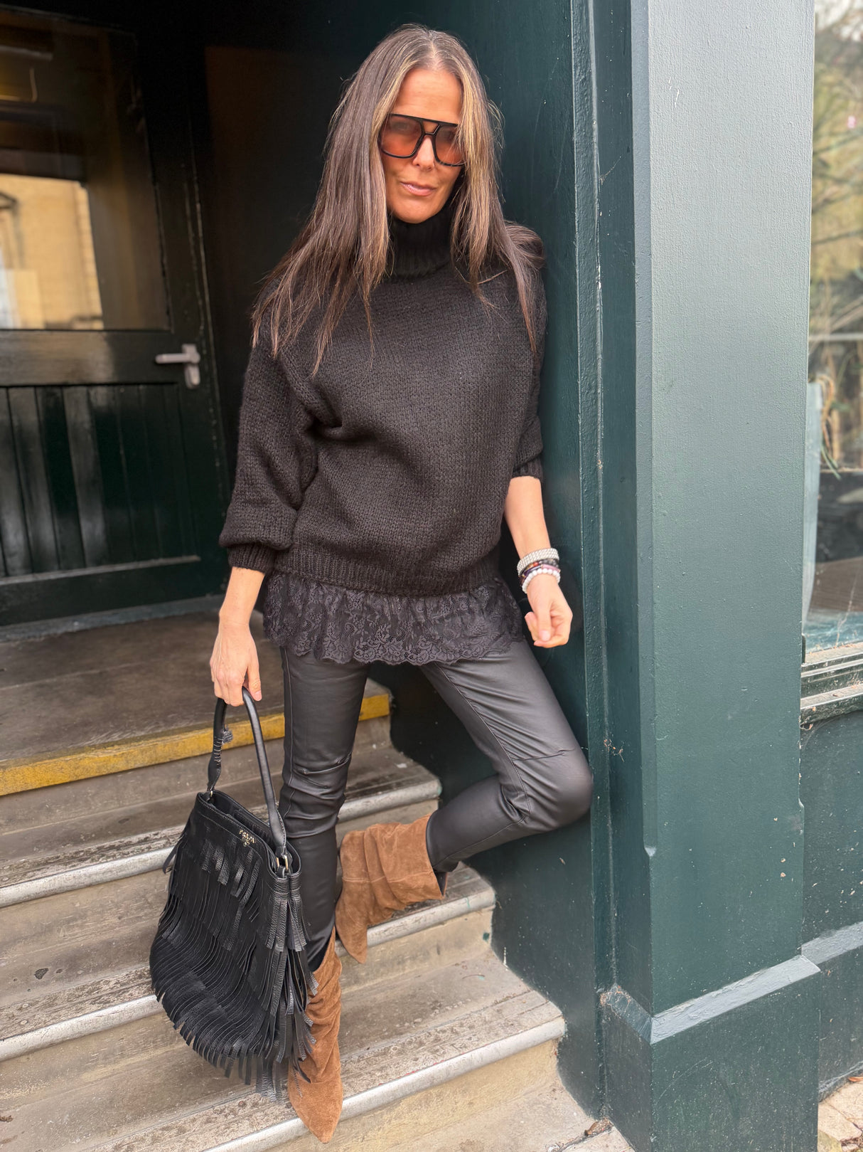 Arabella Lace Roll Neck Jumper - Black