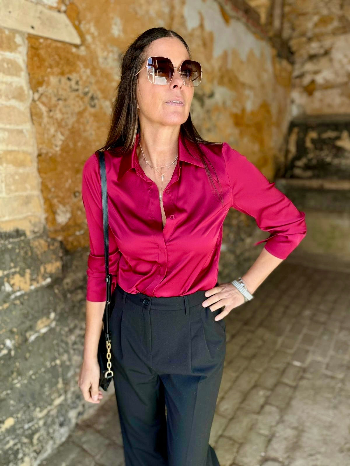 Camille Satin Shirt Claret