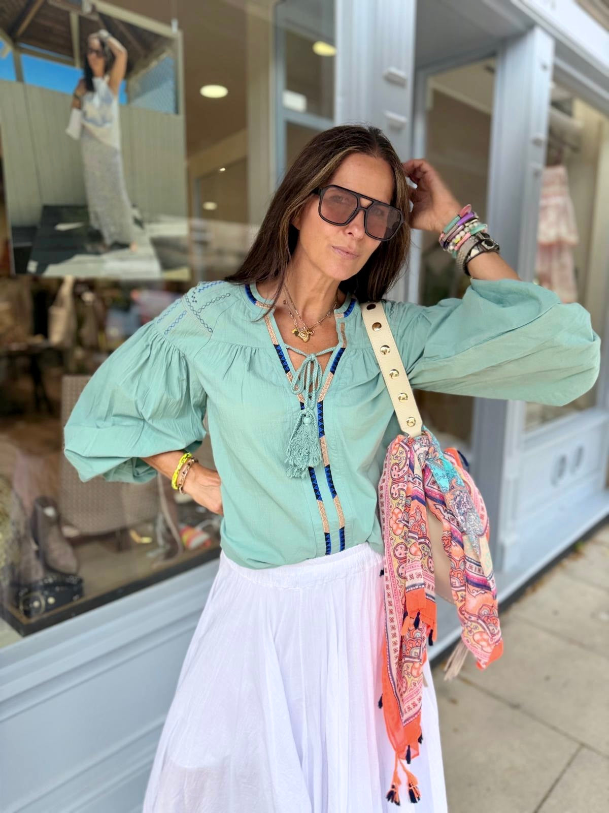 Citrine Blouse With Tassel - Aqua
