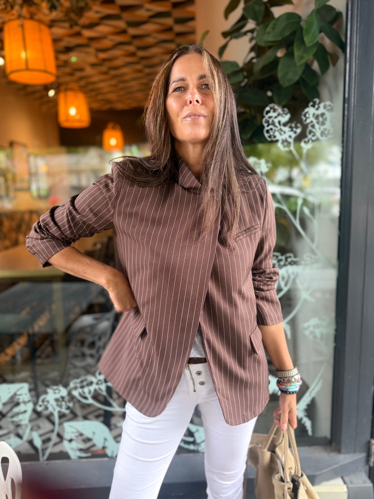 Pinstripe Funnel Neck Blazer - Chocolate