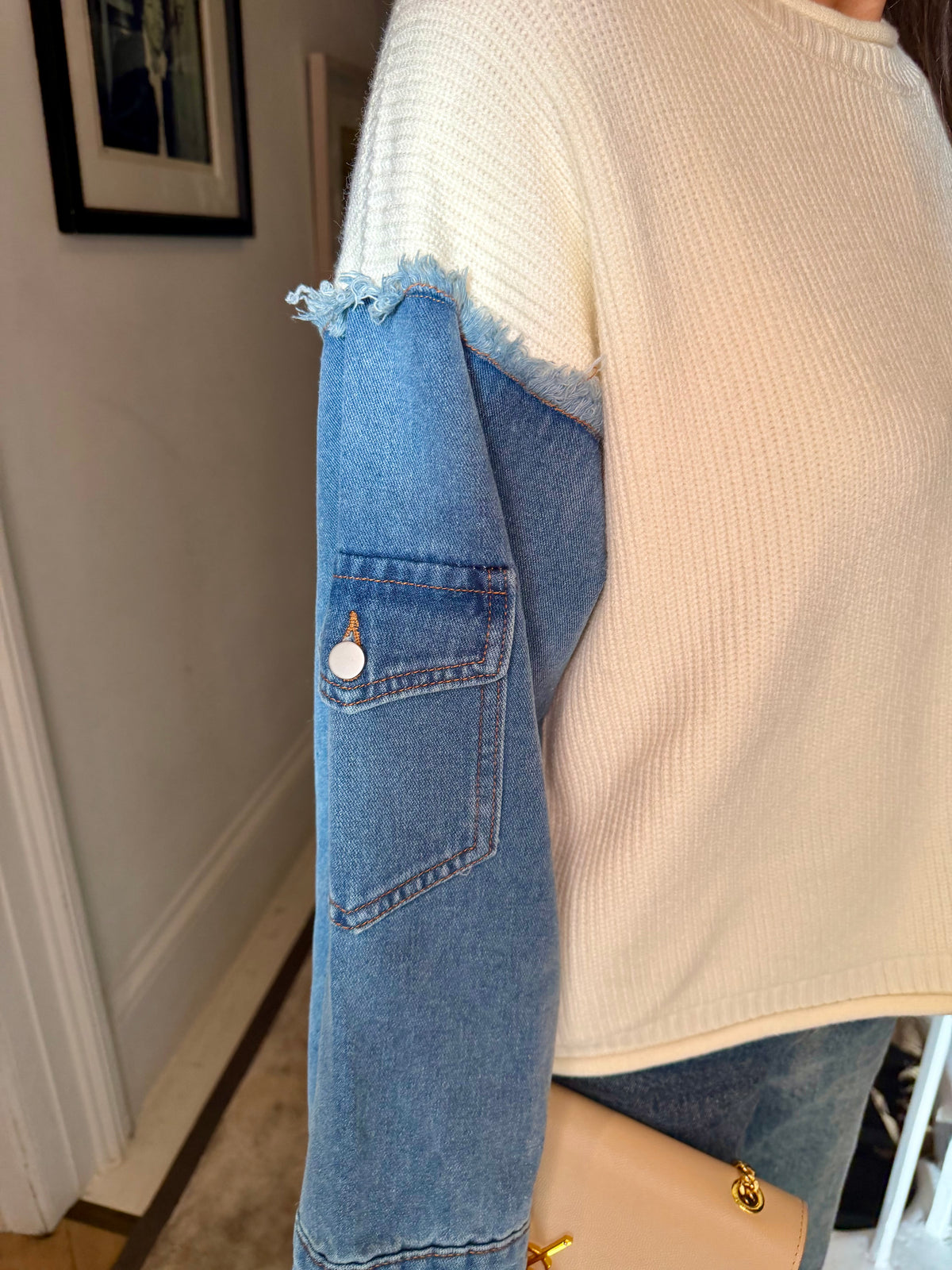 Bronte Knit With Denim Sleeve - Cream