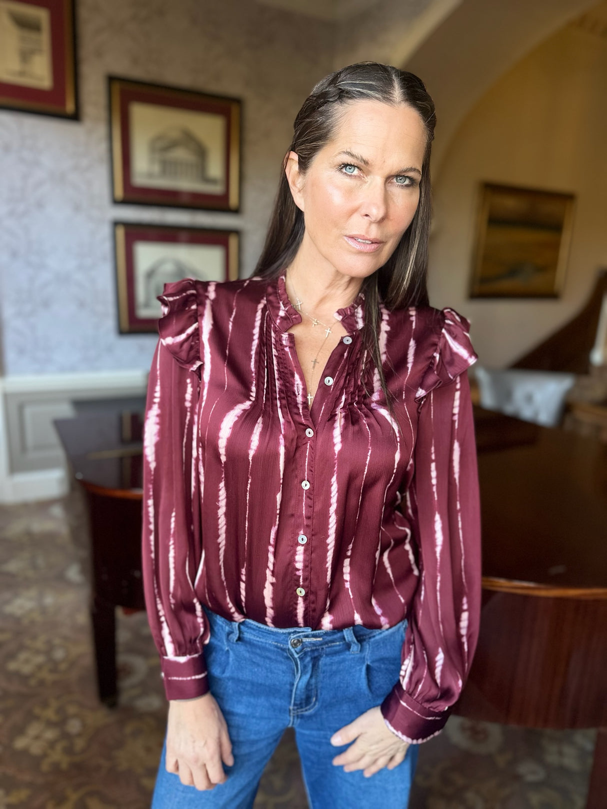 Ashleigh Tie Dye Printed Blouse - Claret