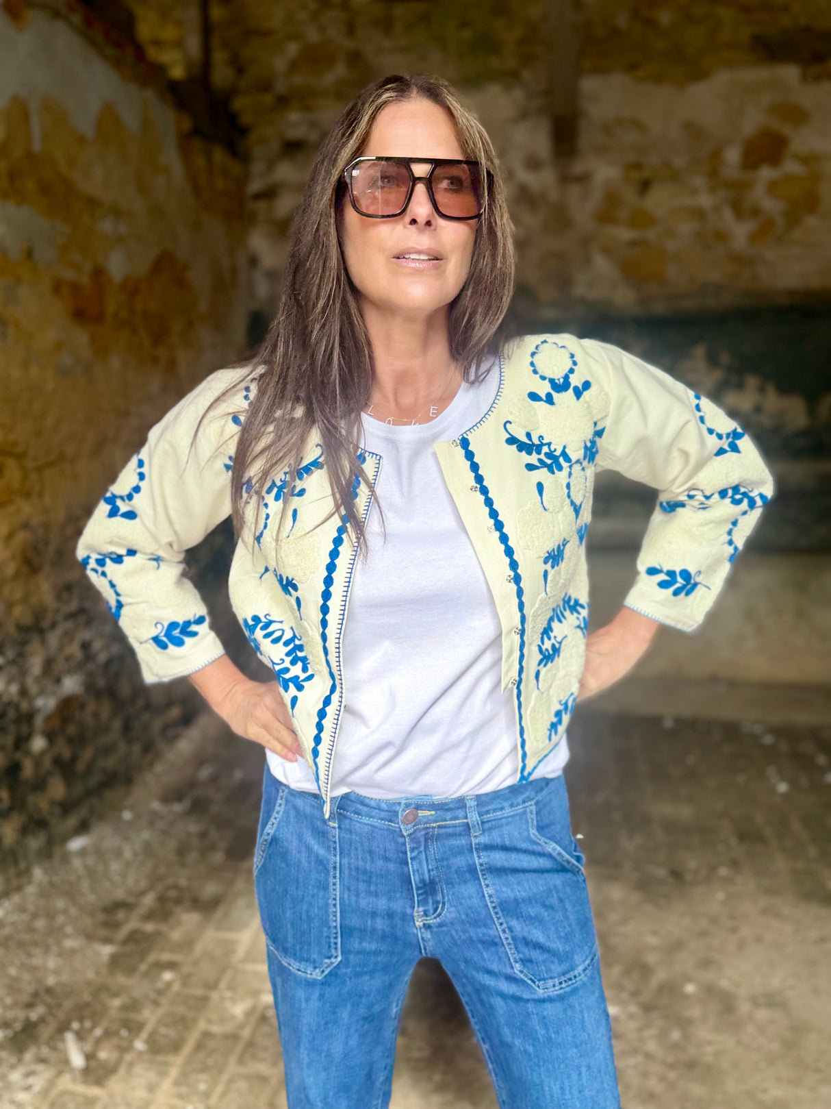 Imy Embroidered Cropped Jacket - Blue